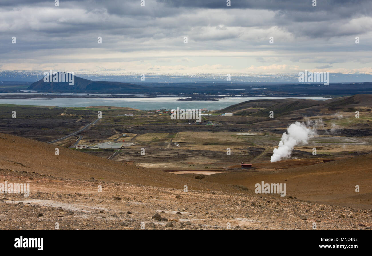 View from the Namafjall to the lake Myvatn lake and the village Reykjahlid, Iceland. Stock Photo