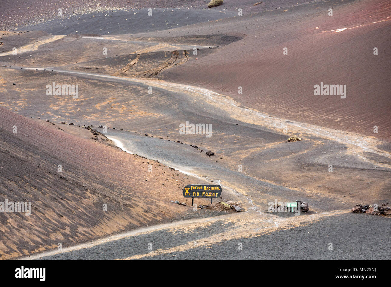 LANZAROTE, CANARY ISLANDS, SPAIN: Dry and rocky landscape in the volcanis national park Timanfaya. Stock Photo
