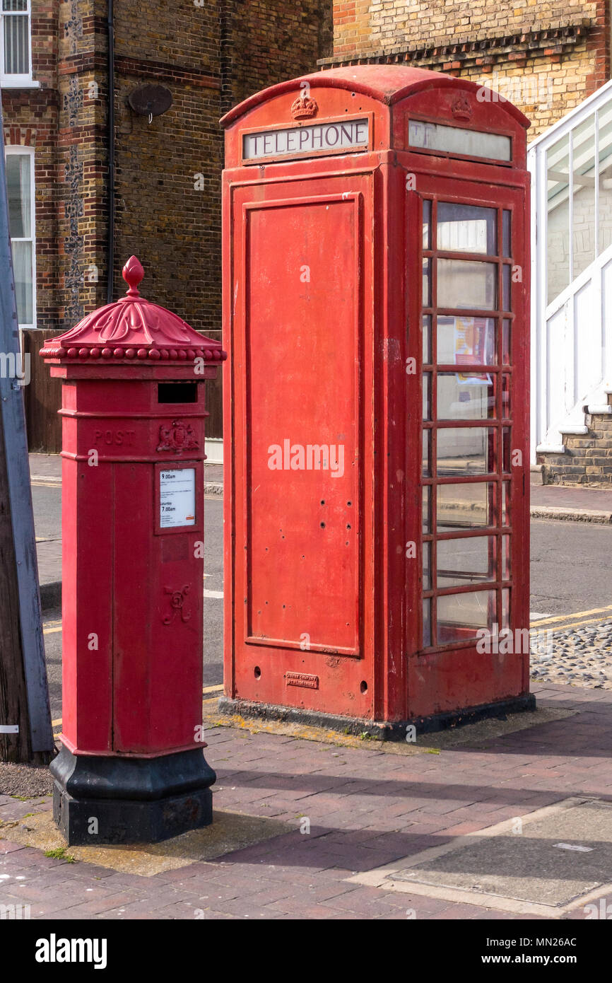 Old Red Post Box and Red Telephone Box,Chandos Square,Broadstairs,Kent,England Stock Photo