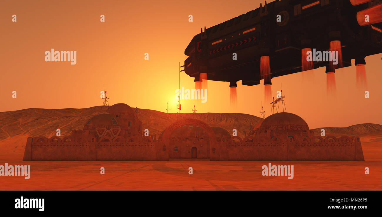 Colony on Mars - A vehicle lander transports visitors to a colony on the planet Mars from the Earth. Stock Photo