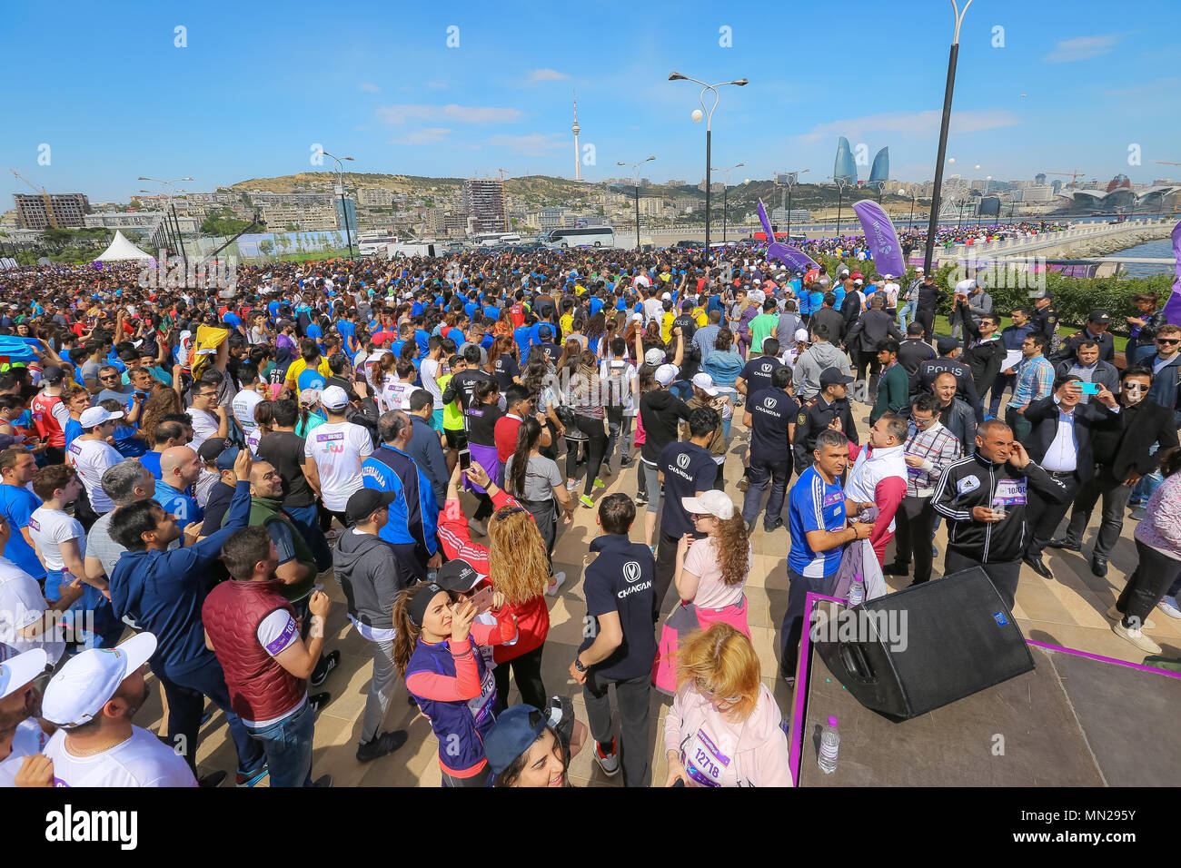 Azerbaijan. 13th May, 2018. Large group of marathon runners in Baku. May 13, 2018. The semi-marathon was cover a distance of 21 kilometers, starting at the national Flag Square and finishing at Baku Olympic Stadium. This year's semi-marathon was open to anyone above the age of 16 upon prior registration, and the event got nearly 18,000 registered participants. Credit: Aziz Karimov/Pacific Press/Alamy Live News Stock Photo