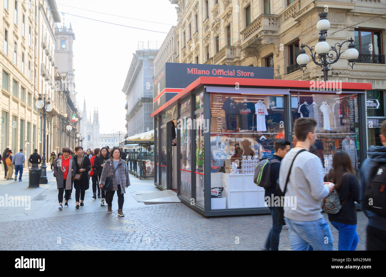 Milan, March 2018: Window of  Milano official store with official products of fashion and design capital of the world, on March 2018 in Milan, Italy Stock Photo