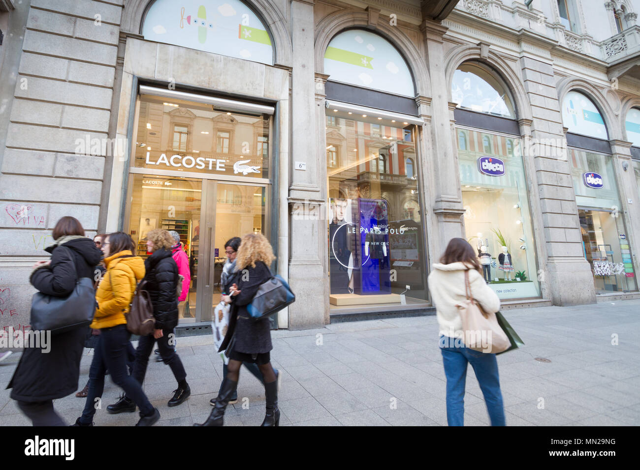 Milan, March 2018: of Lacoste in Shopping Street of fashion and design capital of the world, on March 2018 in Milan, Italy, Europe Stock Photo - Alamy