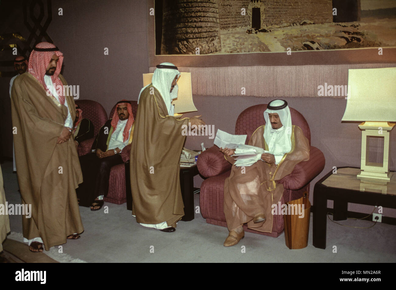 Ruler of Saudi Arabia King Salman, whilst still Governor or Riyadh Province, shown at his palace in Riyadh in 1991 during his weekly audience with Saudi citizens.   Prince Salman succeeded King Abdullah to the throne on January 22, 2015. Stock Photo