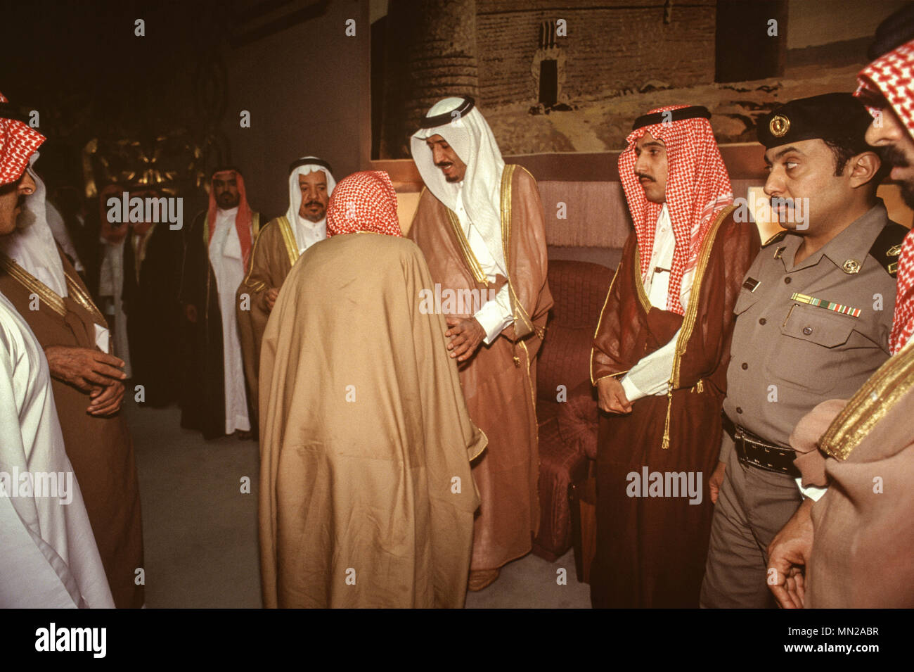 Ruler of Saudi Arabia King Salman, whilst still Governor or Riyadh Province, shown at his palace in Riyadh in 1991 during his weekly audience with Saudi citizens.   Prince Salman succeeded King Abdullah to the throne on January 22, 2015. Stock Photo