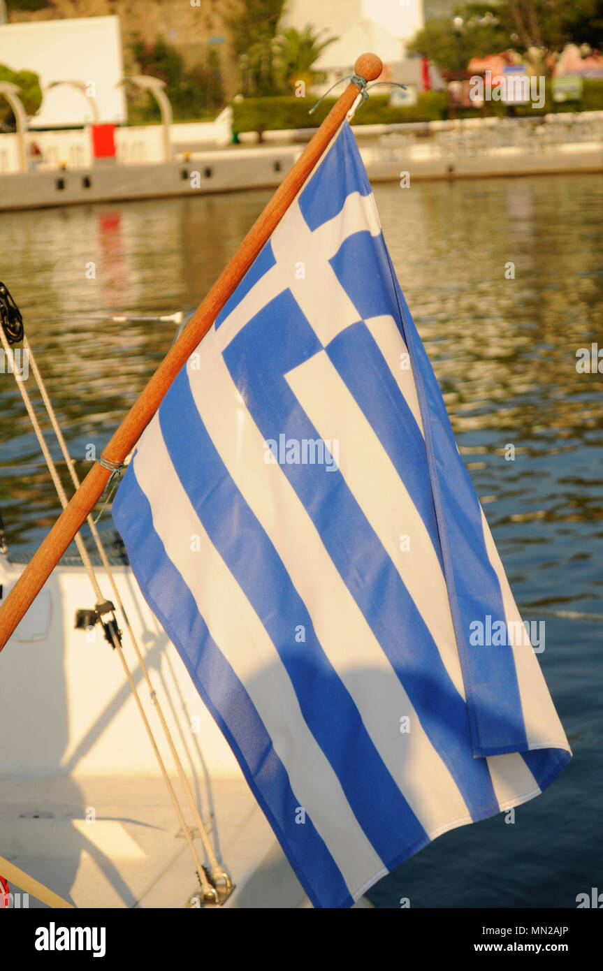 Greece flag on the boat closeup Stock Photo