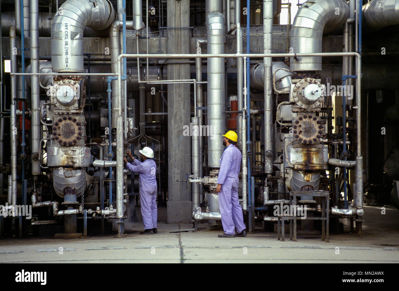 Mina Al Ahmadi Refinery and oil exporting terminal, 45 km south of Kuwait City is the main export terminal for Kuwait's oil industry, at the northern end of the Arabian Gulf. Stock Photo