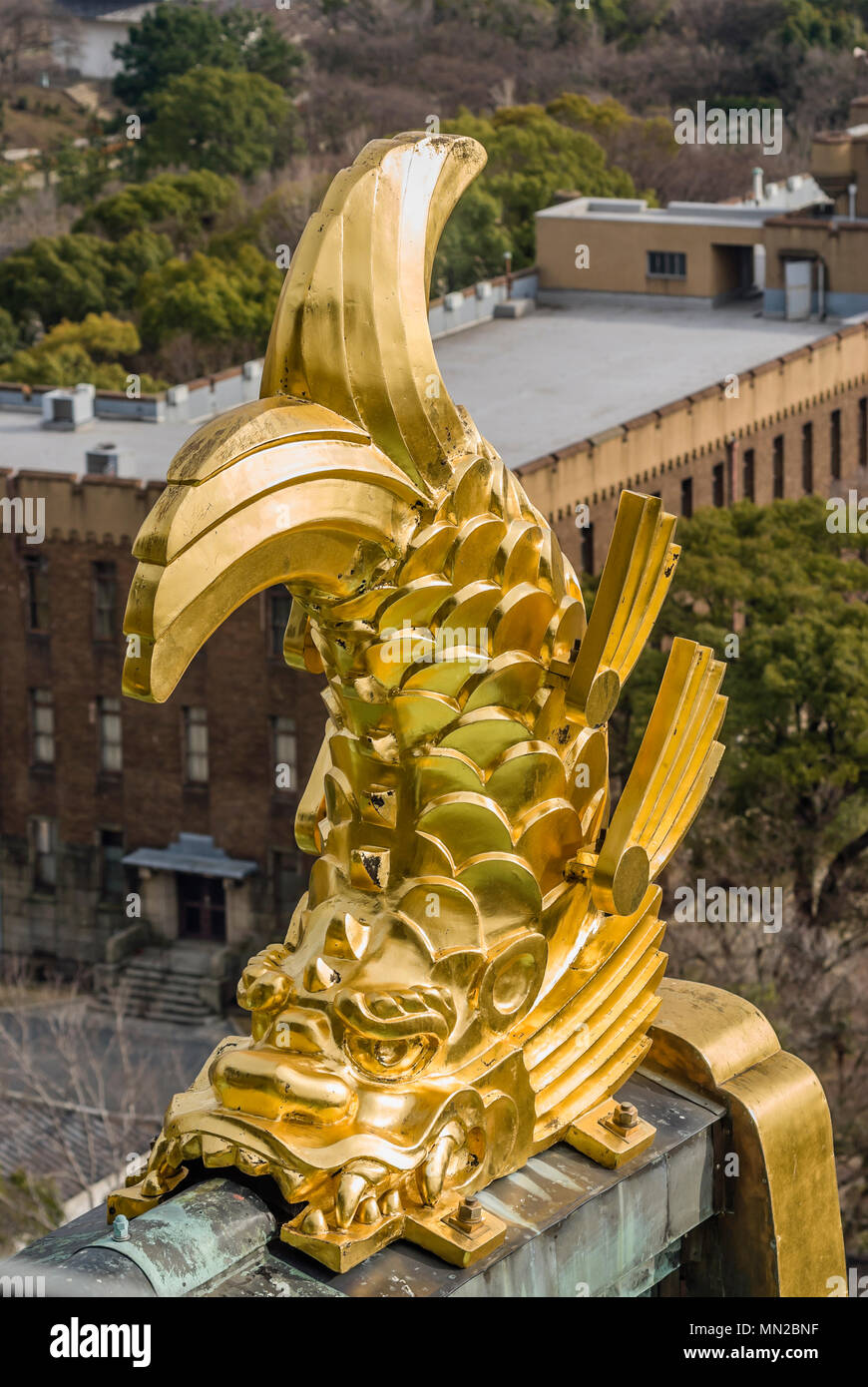 Osaka, Japan, Golden Hachihoko or shachi on the roof of Osaka Castle Stock Photo