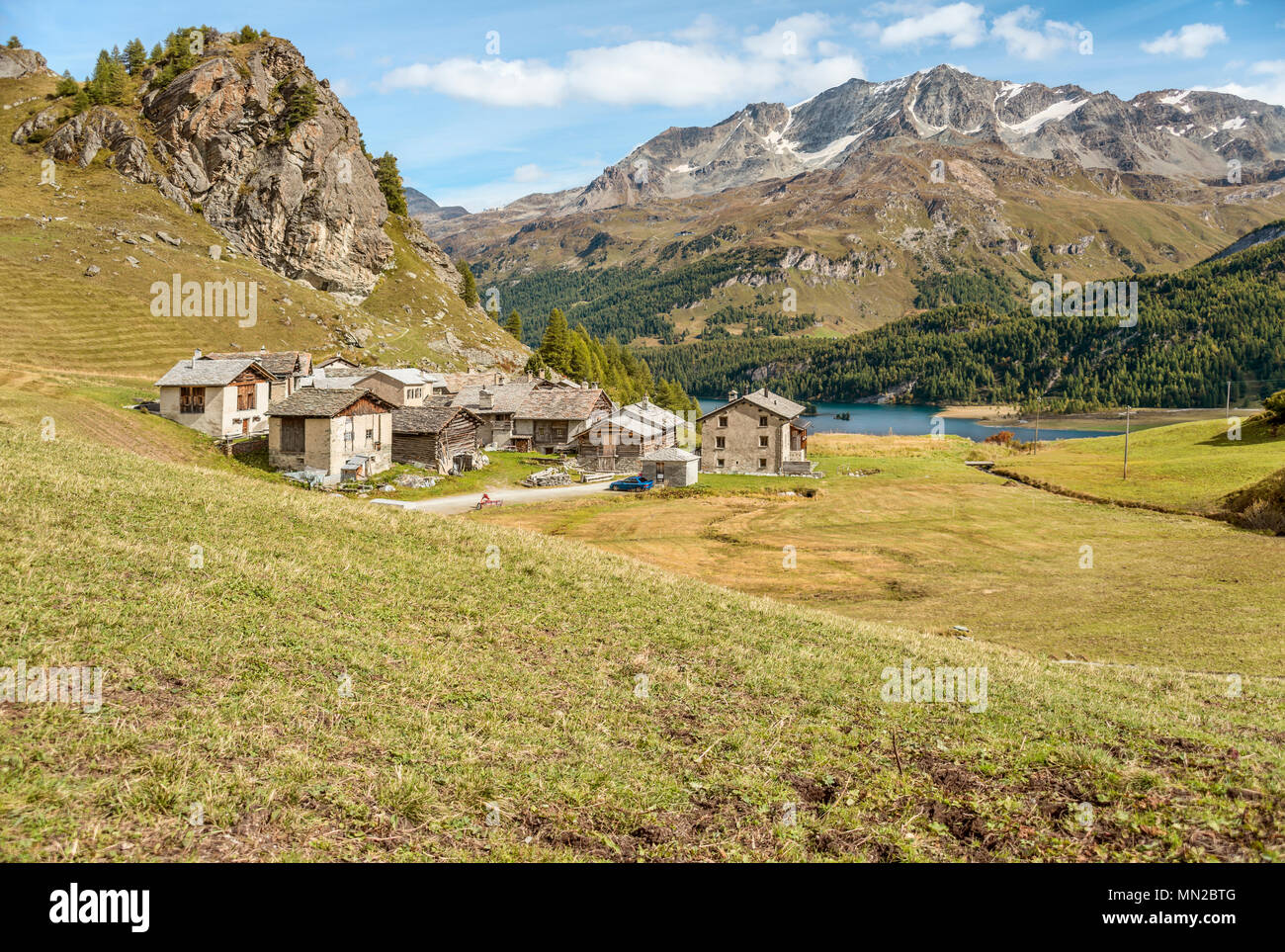 Heidi Village Grevasalvas in Summer, Grisons, Switzerland Stock Photo