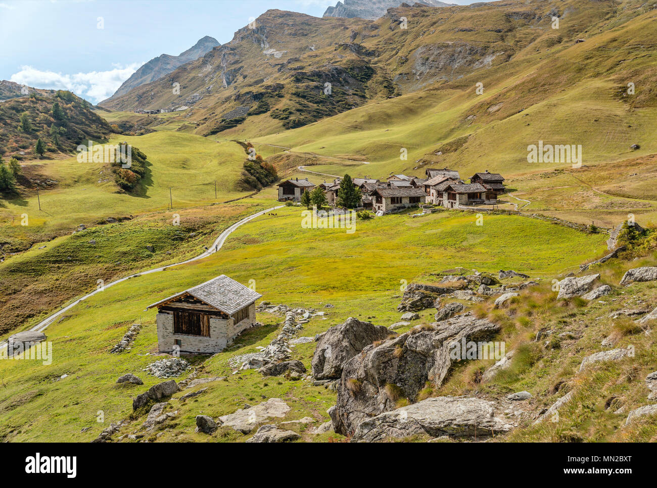 Heidi Village Grevasalvas in Summer, Grisons, Switzerland Stock Photo