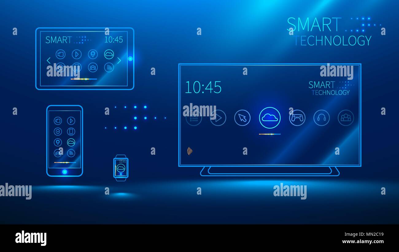 smart TV communicates with your smart phone, tablet, smart watch. Media devices connected to the cloud. Stock Vector
