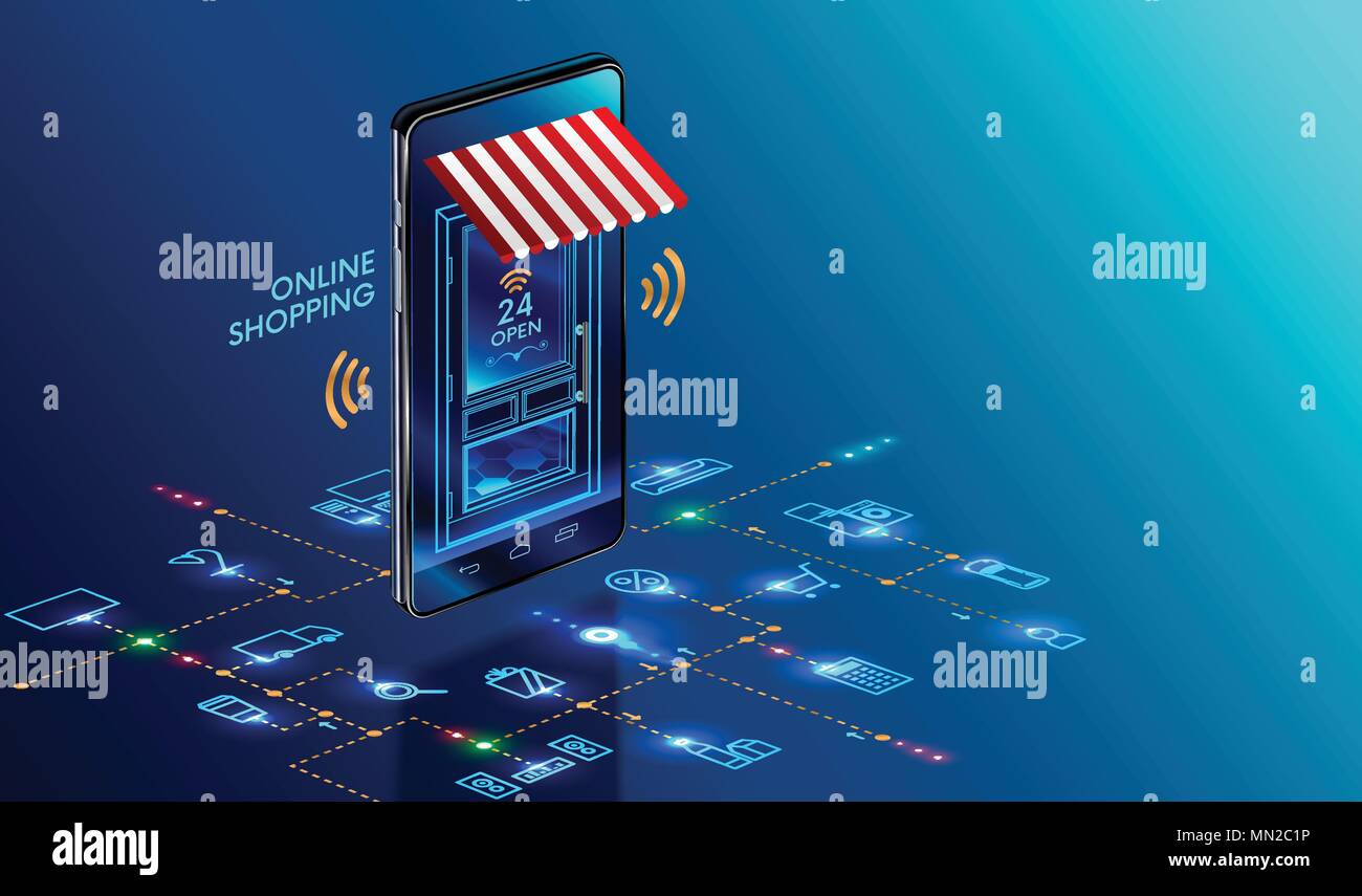 Online shopping. Smartphone turned into internet shop. Concept of mobile marketing and e-commerce. Isometric supermarket smartphone with icons of purc Stock Vector