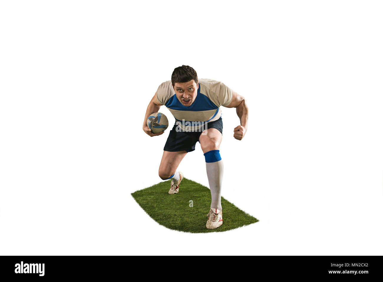 The silhouette of one caucasian rugby man player isolated on white background Stock Photo