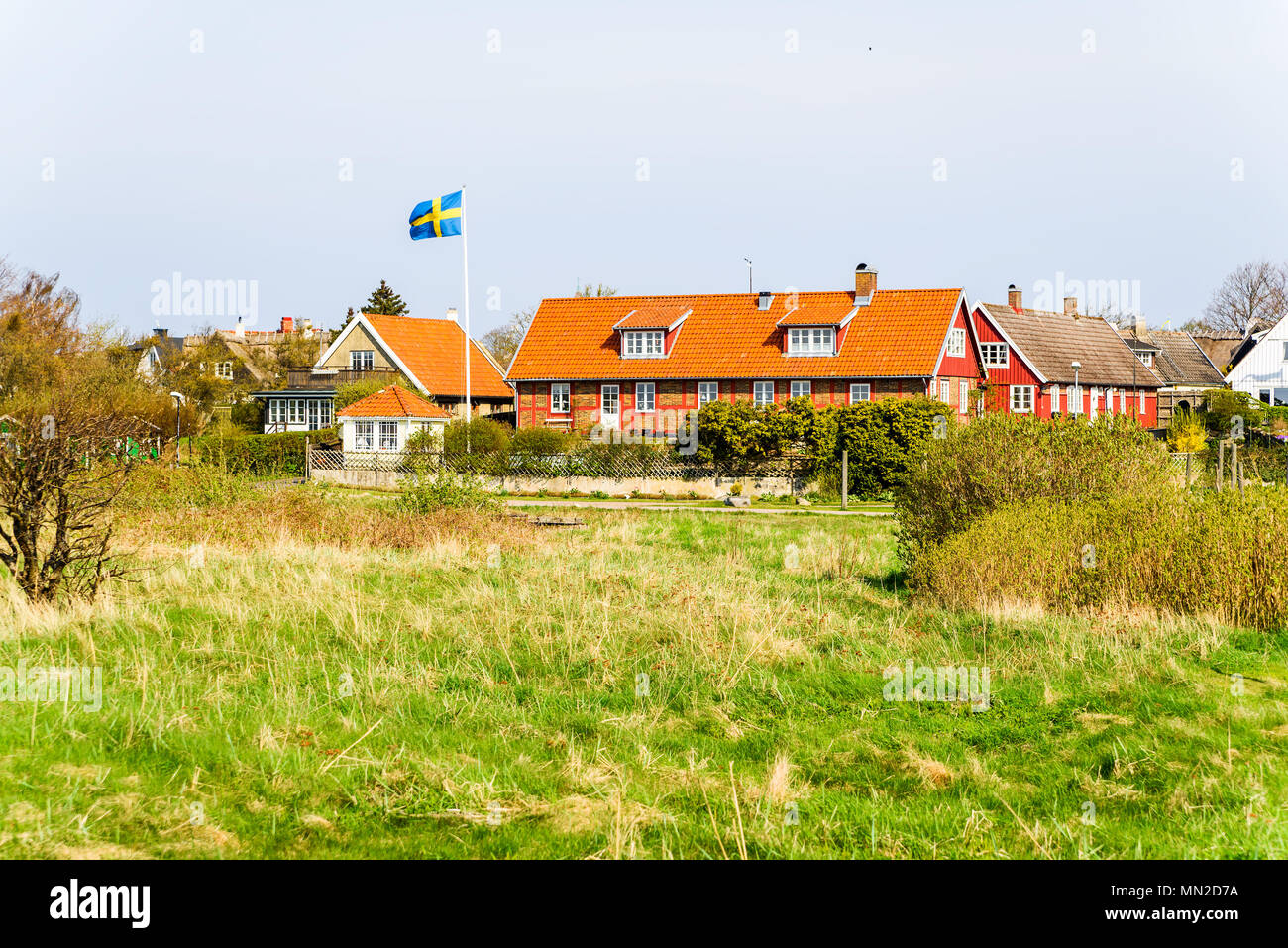 Viken, Sweden - April 30, 2018: Documentary of everyday life and place. Typical village houses and landscape on a sunny spring day. Stock Photo