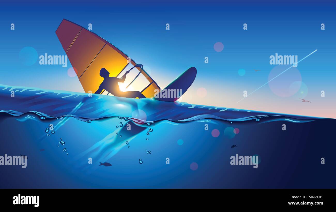 Windsurfing. Young man on wind surfing board flying at waves and touching water surface. Windsurfer on sea landscape. Extreme sport. Stock Vector