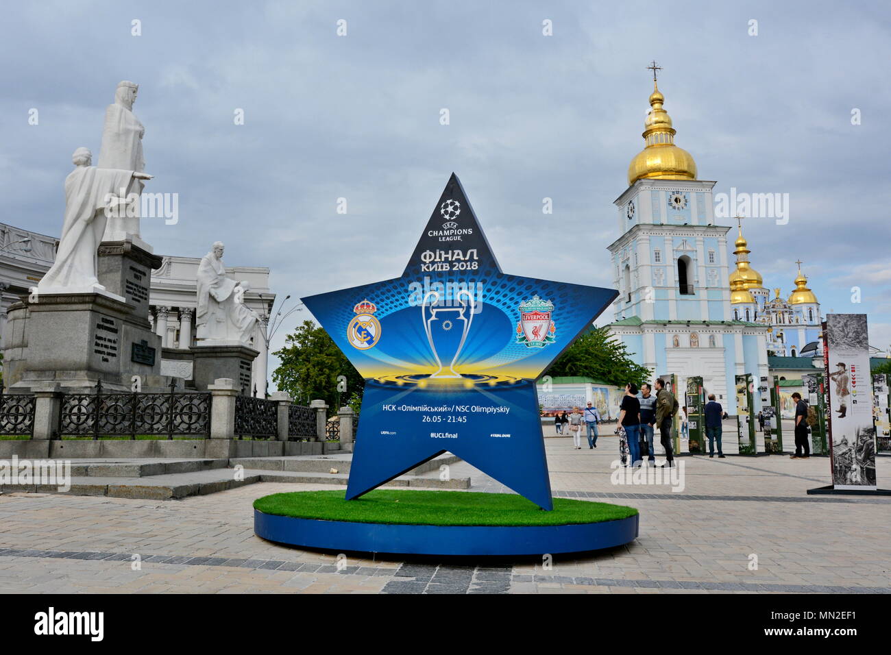 Kiev, Ukraine. 12th May, 2018. Logo of FC Real Madrid and FC Liverpool close-up. Symbols of the Final of the UEFA Champions League in Kiev. Credit: Alexandr Gusev/Pacific Press/Alamy Live News Stock Photo