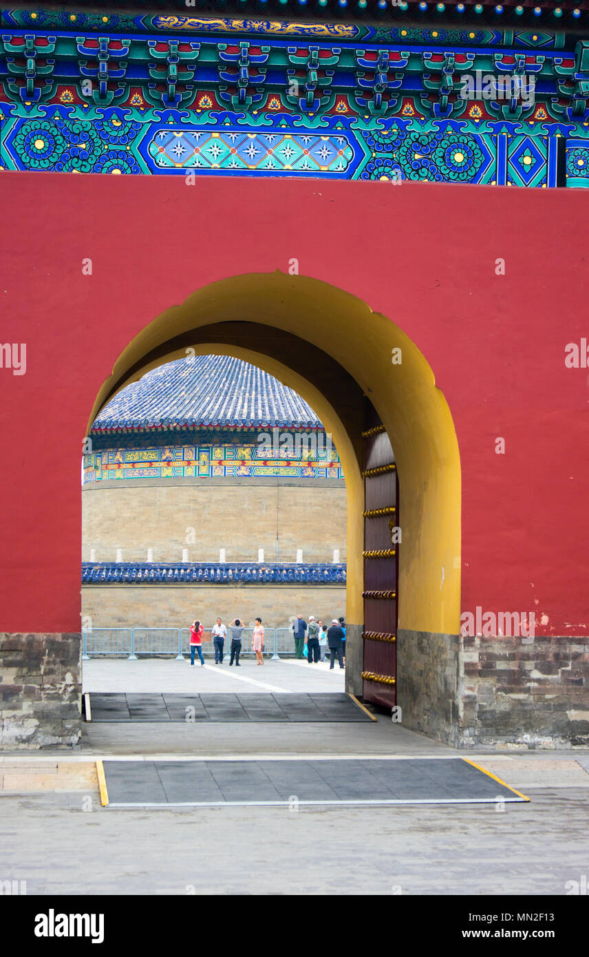 The Imperial Vault of Heaven compound at the historic Temple of Heaven complex in Beijing, China, viewed through Chengzhen Gate. Stock Photo