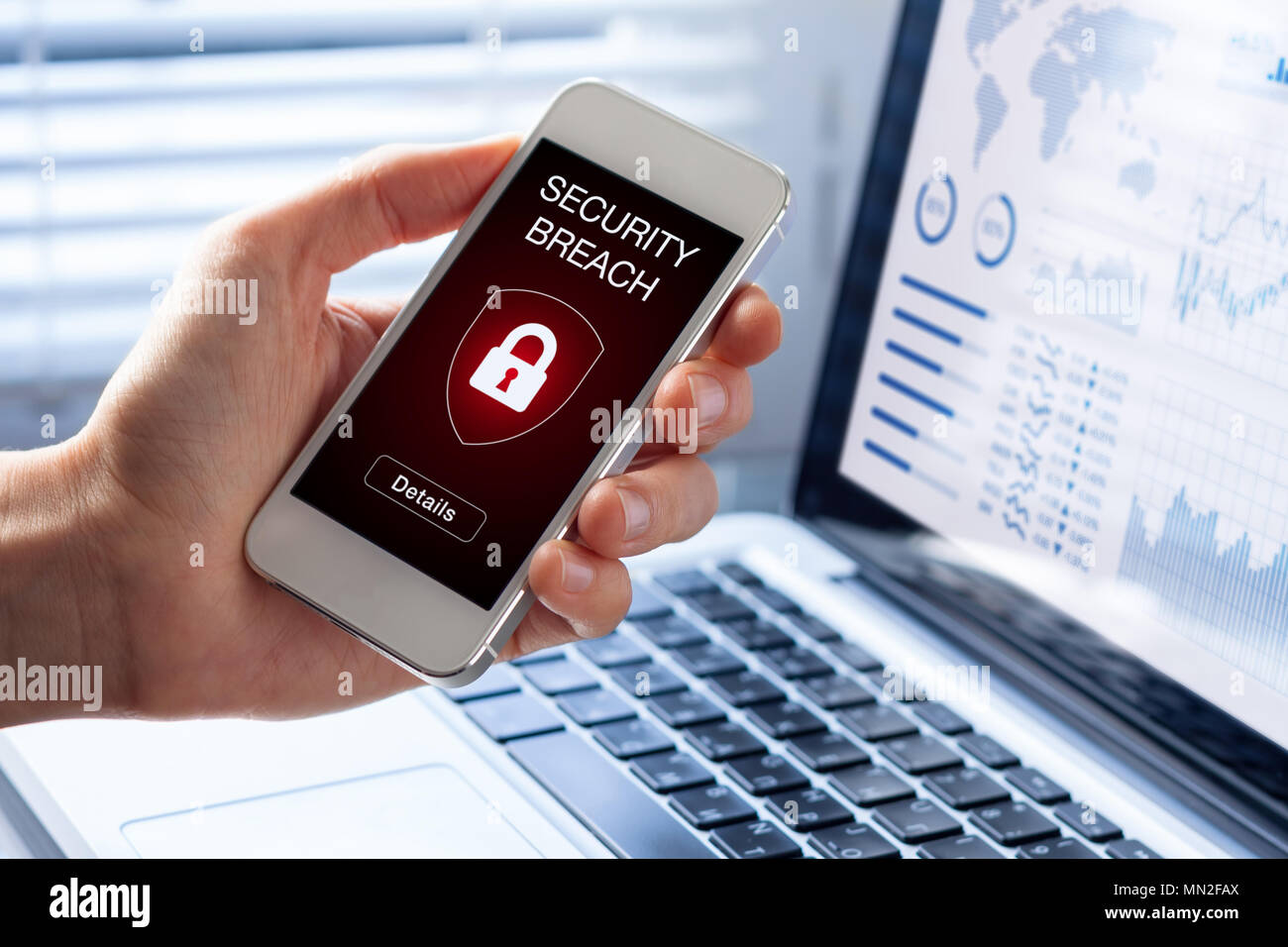 Security breach warning on smartphone screen, device infected by internet virus or malware after cyberattack by hacker, fraud alert with red padlock i Stock Photo