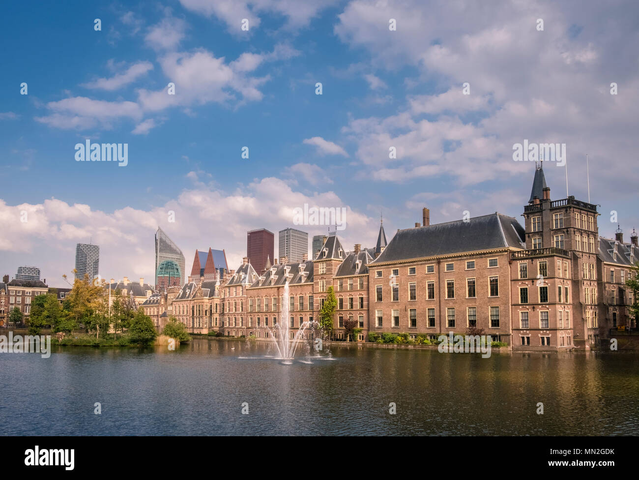 Exterior of Binnenhof parliament building and Hofvijver lake, landmark attractions in The Hague (Den Haag), Netherlands. Stock Photo