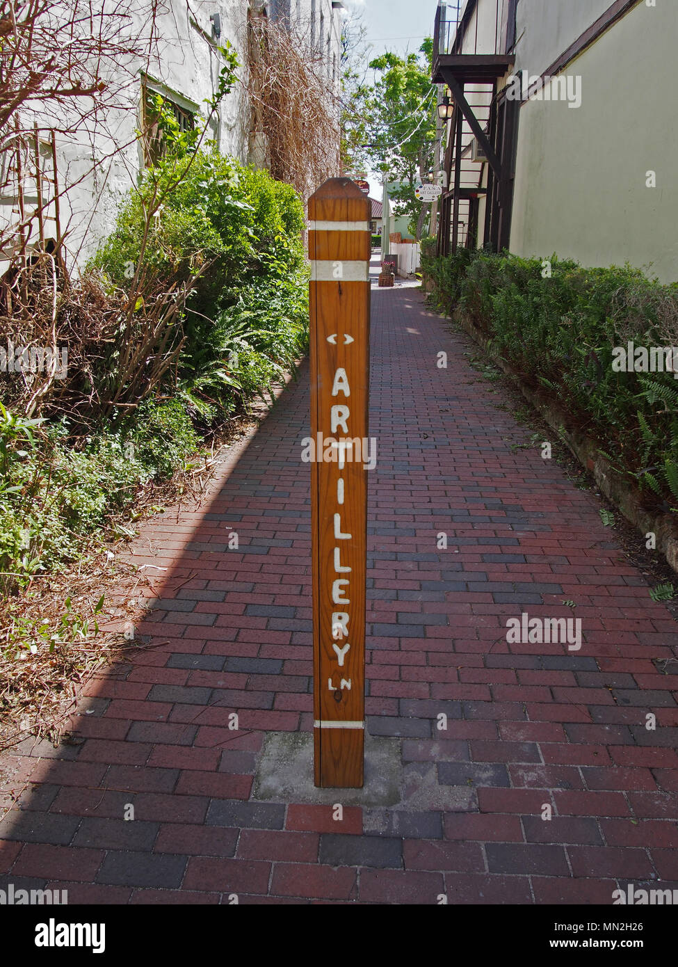 Artillery Lane street sign post, St. Augustine, Floriday, USA, 2018, © Katharine Andriotis Stock Photo