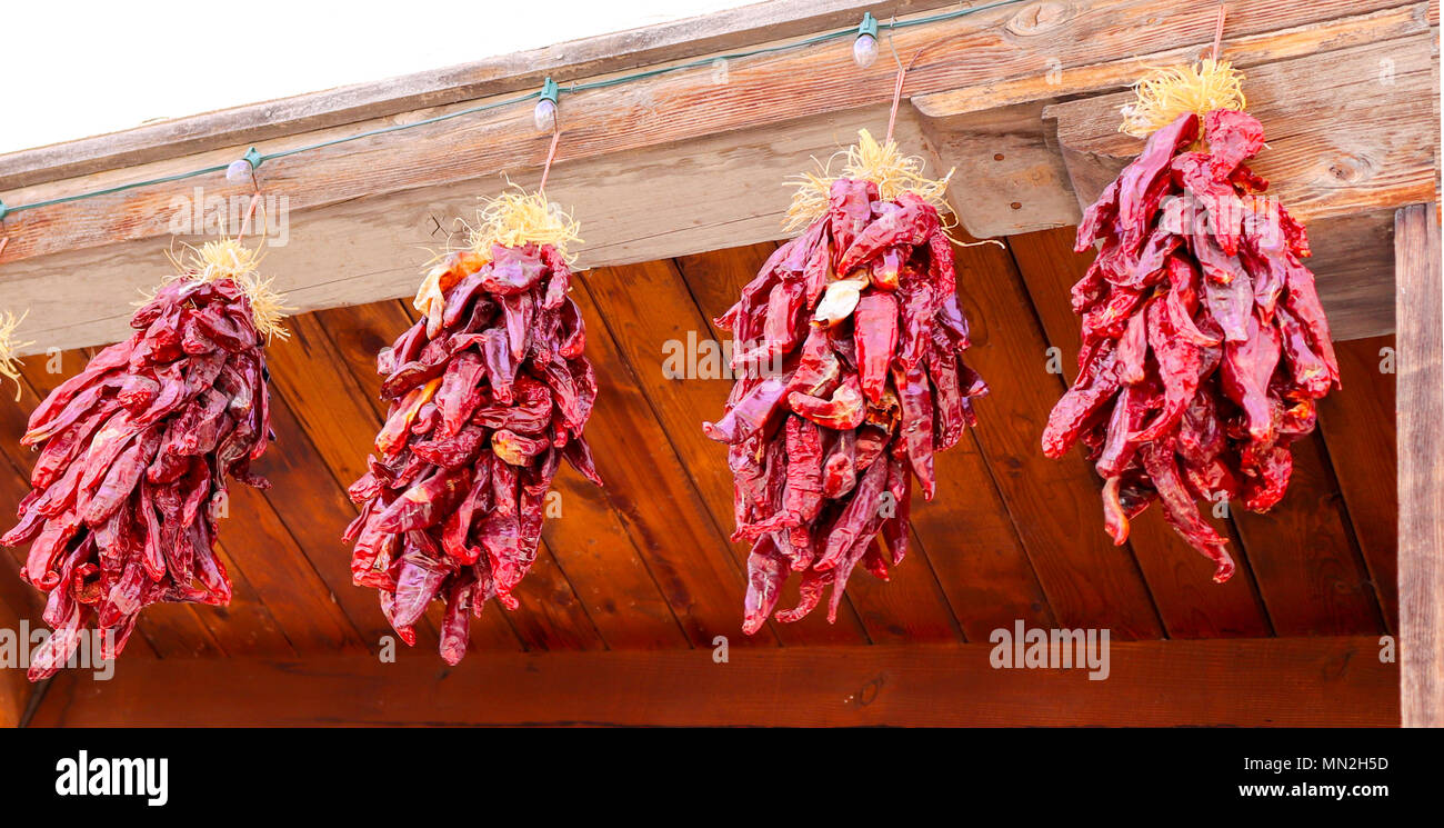 Dried Red Chili Pepper Ristra. Hanging in Old Town Albuquerque, New Mexico, USA. Stock Photo