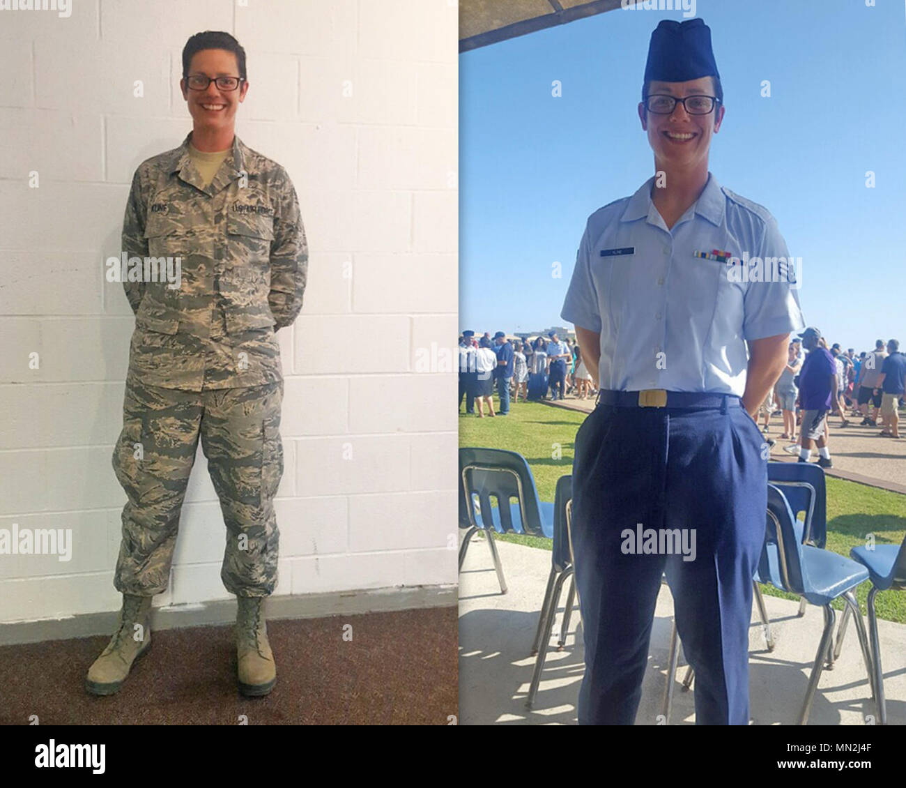 SCHRIEVER AIR FORCE BASE, Colo. -- Airman 1st Class Kristyn Kline, Top  Basic Military Training Graduate, poses for a photo in her Airman Battle  Uniform (left) and her Air Force blues uniform (