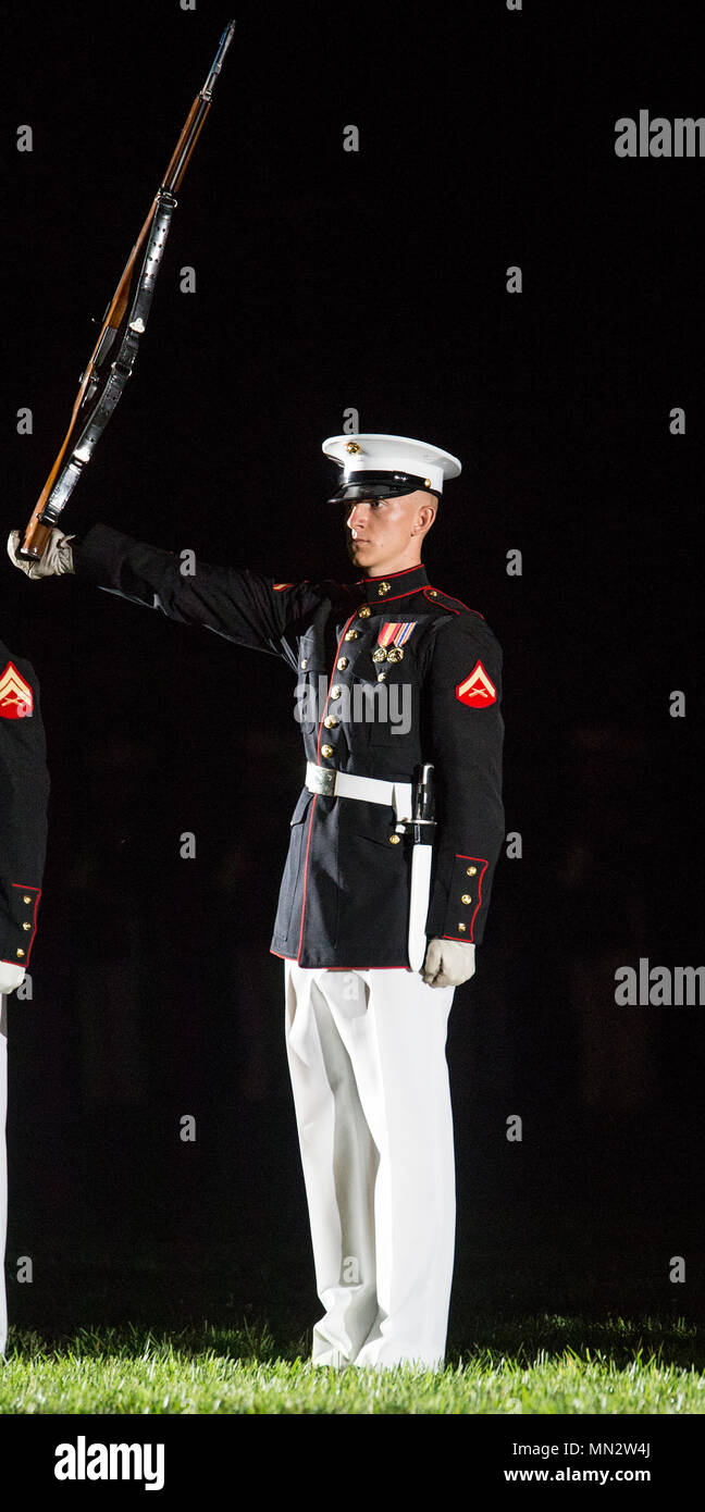 Lance Cpl. Ryan Watkins, rifle inspection team, U.S. Marine Corps Silent Drill Platoon, executes