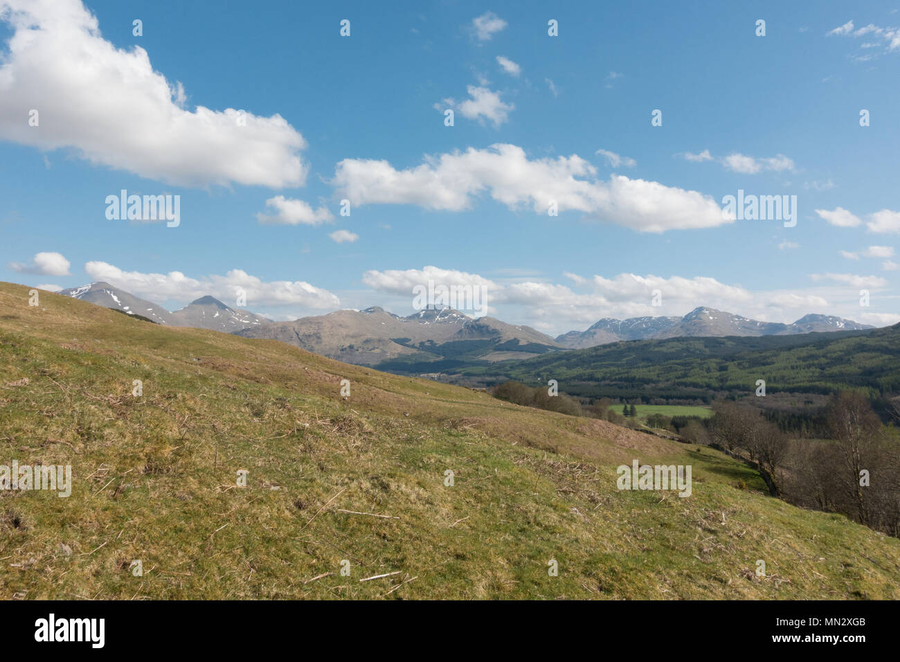Crianlarich Hills, from Tyndrum, Scotland, UK  - with munros from left to right Ben More, Stob Binnein, Cruach Ardrain Stock Photo