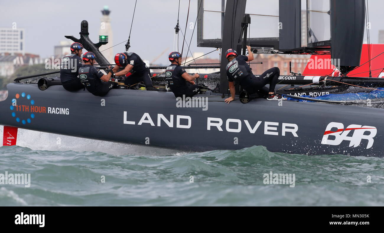 PORTSMOUTH, ENGLAND - JULY 24: Ben Ainslie skipper of The Land Rover Bar team yacht in race trim  on July 24, 2016 in Portsmouth, England. Stock Photo