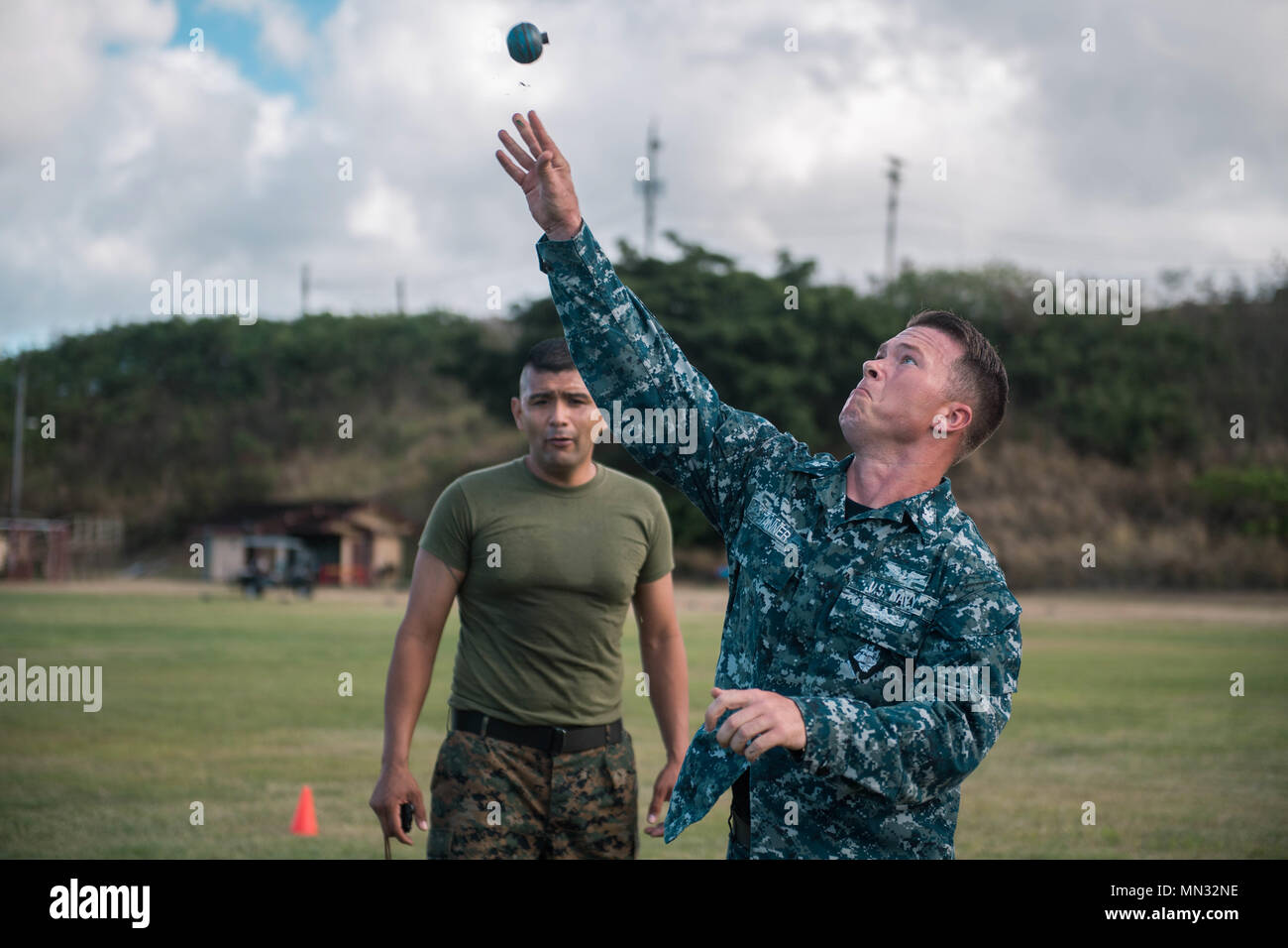170824-N-AV234-0202 PEARL HARBOR (Aug. 24, 2017) USS Missouri Chief Petty Officer Legacy Academy Class 016 member Chief (Select) Aviation Structural Mechanic Jaymes Tanner participates in the Marine Corps Combat Fitness Test at Camp H. M. Smith, Hawaii. The CPO Legacy Academy is a six-day course in which the chief petty officers and selectees live aboard The USS Battleship Missouri Memorial and participate in preservation activities, leadership training, reenact scenarios that took place onboard USS Missouri, and learn lessons about the history and heritage of the U.S. Navy and CPO community.  Stock Photo