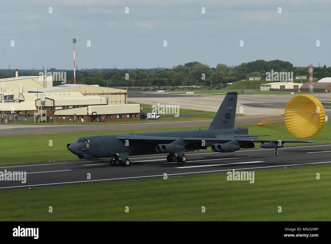 A B52 Stratofortress deploys its parachute during a landing at Royal