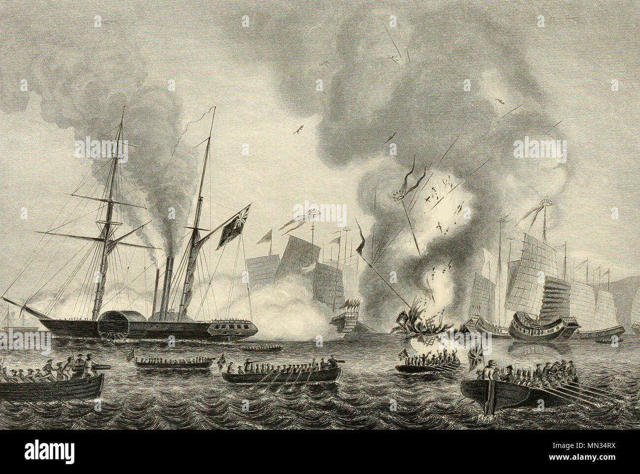The East India Company's Steamer Nemesis and the Boats of the Sulphur, Calliope, Larne, and Starling destroying the Chinese War Junks in Anson's Bay - January 7, 1841 Stock Photo