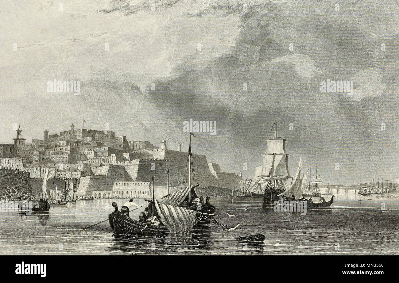 Valetta, from the the Quarantine Harbour, circa 1850 Stock Photo