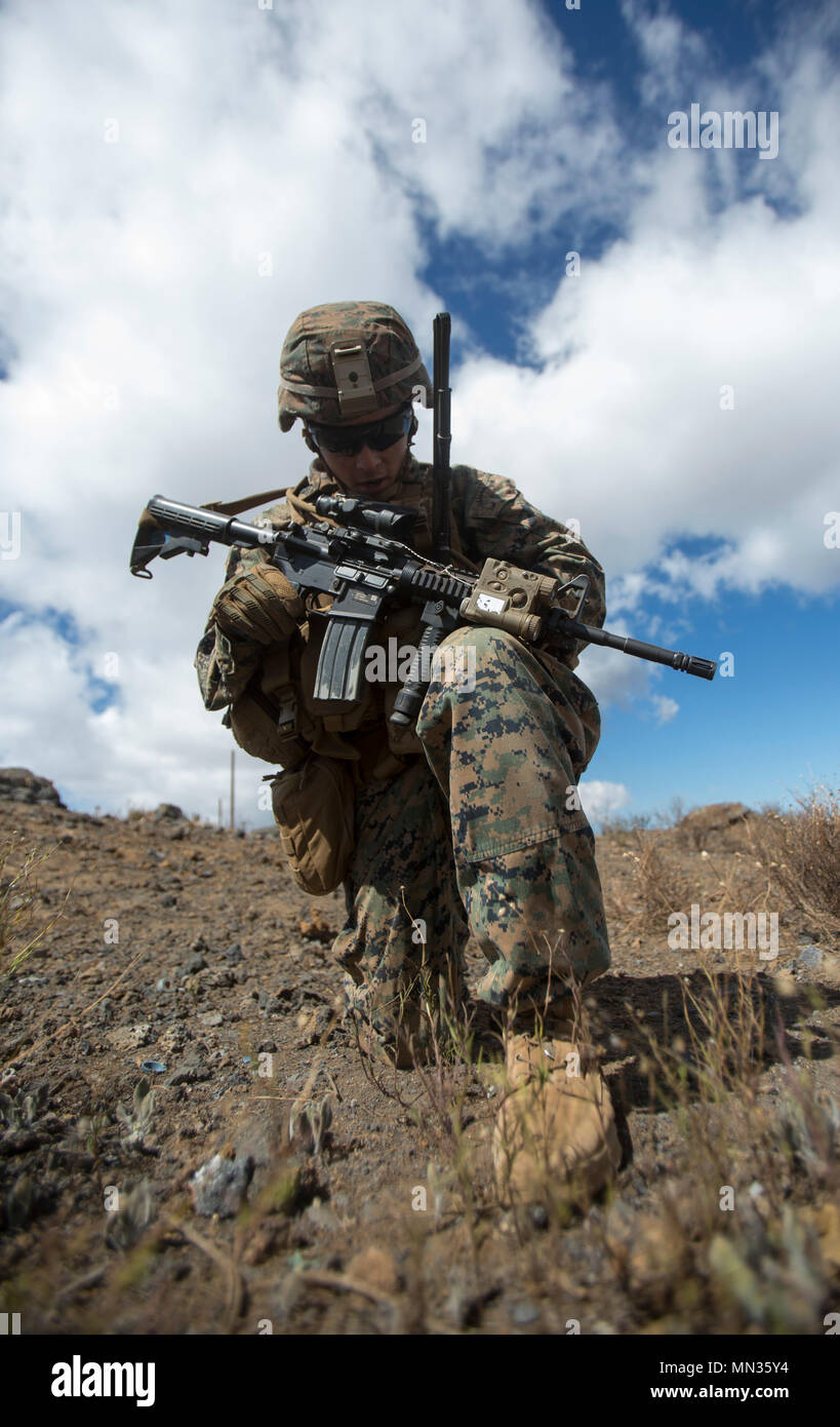 POHAKULOA TRAINING AREA, HAWAII -- Cpl. Shane Gallagher, a squad leader  with India Company, 3rd Battalion, 3rd Marine Regiment, makes radio contact  with support elements during a squad live-fire at Pohakuloa Training