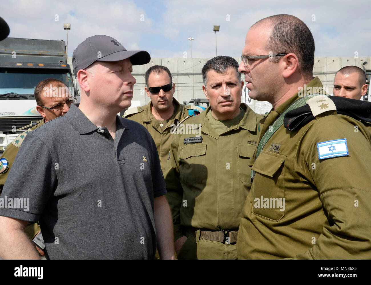 Special Representative for International Negotiations Jason Greenblatt spent a day touring the Gaza border.   He visited Kerem Shalom and Erez crossing points, and then was guided by COGAT Yoav 'Poli' Mordechai through the Hamas-created Chai Tunnel. Mr. Greenblatt also visited the nearby Iron Dome Battery, and met with residents of kibbutz Nahal Oz, who expressed their encouragement and hope for the success of the Trump Administration's effort to help broker a peace deal. Stock Photo