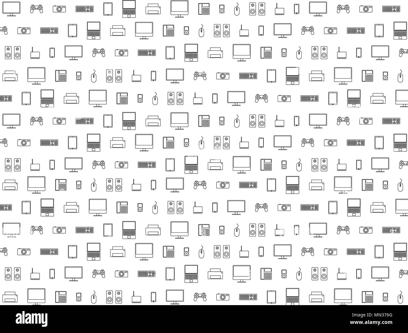 Schematic computer technology  - monitor, laptop, speakers, mouse, keyboard, modem, joystick, camera, printer, phone on white substrate Stock Vector