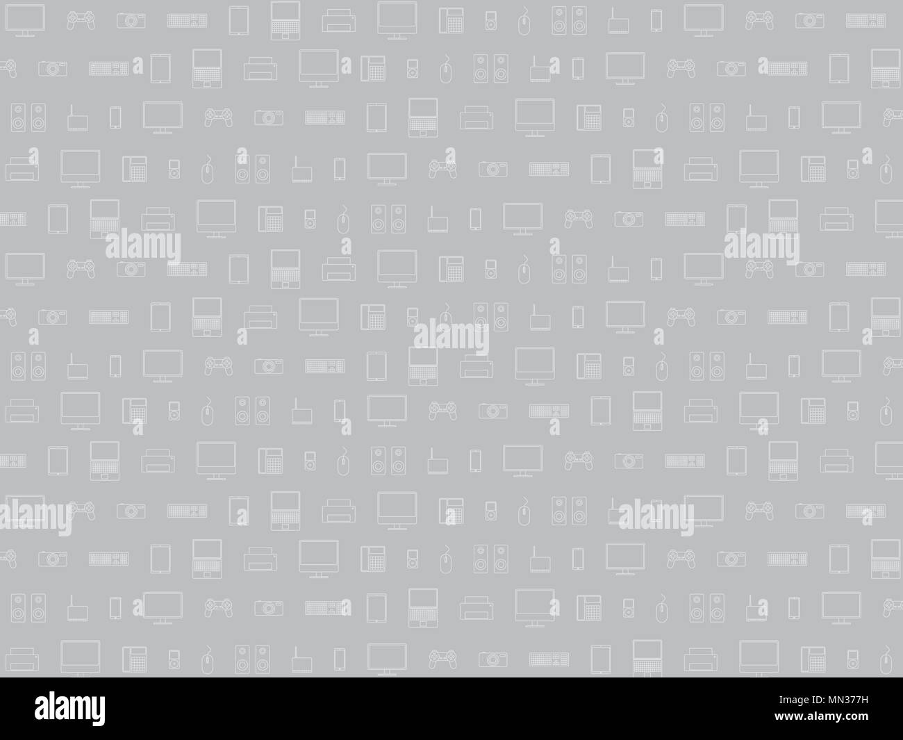 Schematic computer technology  - monitor, laptop, speakers, mouse, keyboard, modem, joystick, camera, printer, phone Stock Vector