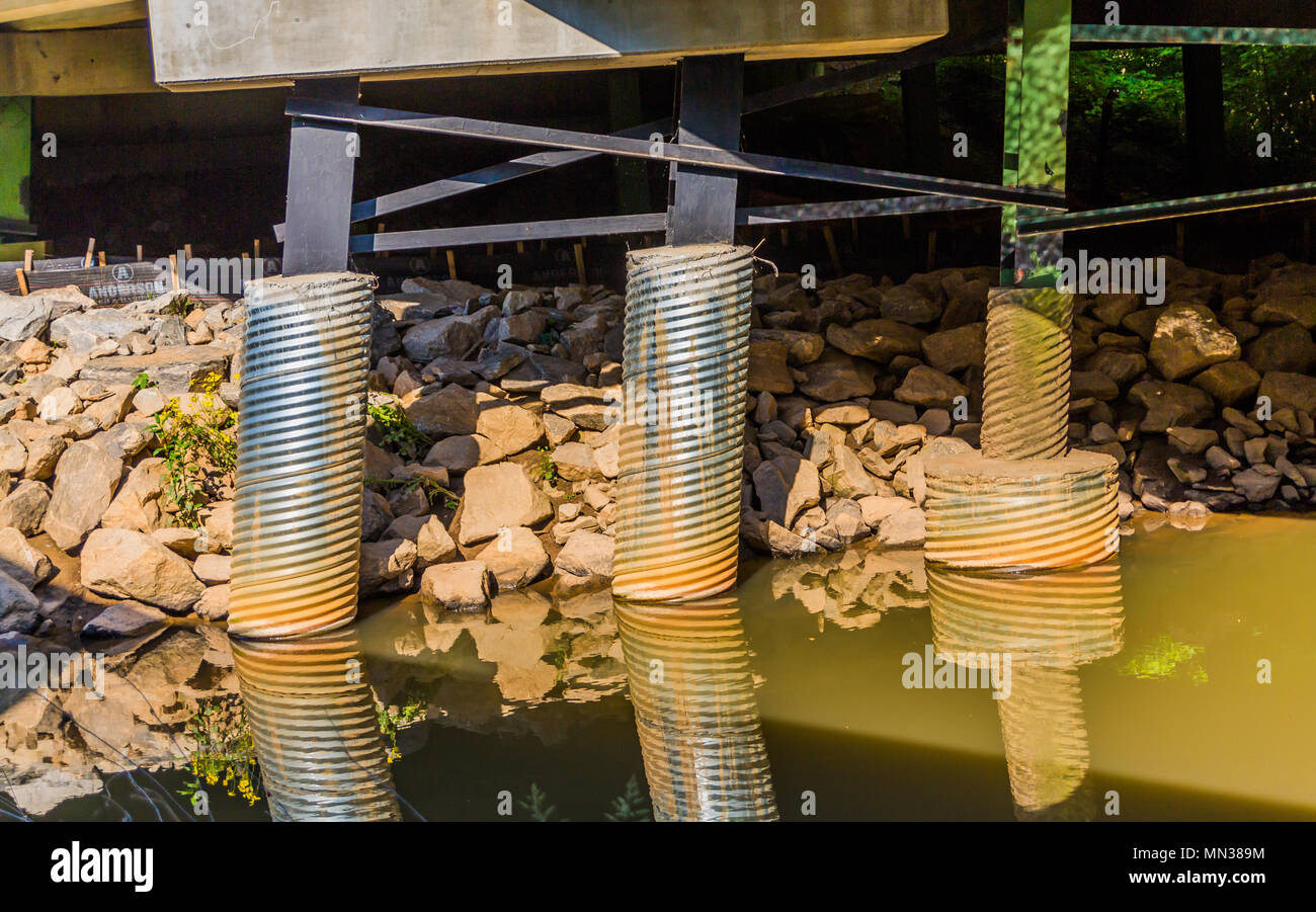 Corrugated Metal Concrete Forms on Bridge Supports in a River Stock