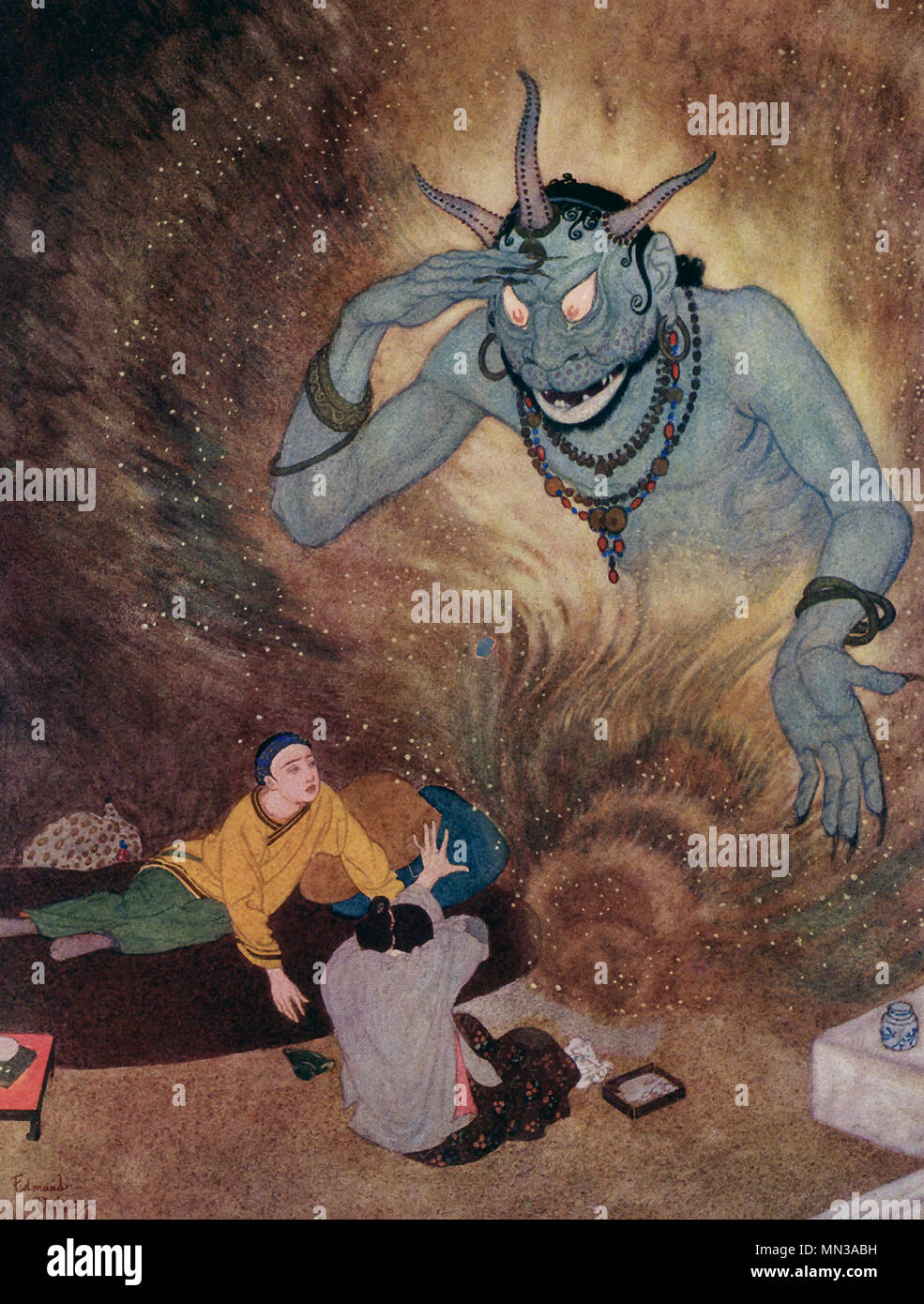 This early 1900s illustration shows Aladdin and the Efrite. The tale is a  folktale and probably originated in the Middle East. His tale is often  connected with and/or included in The Thousand