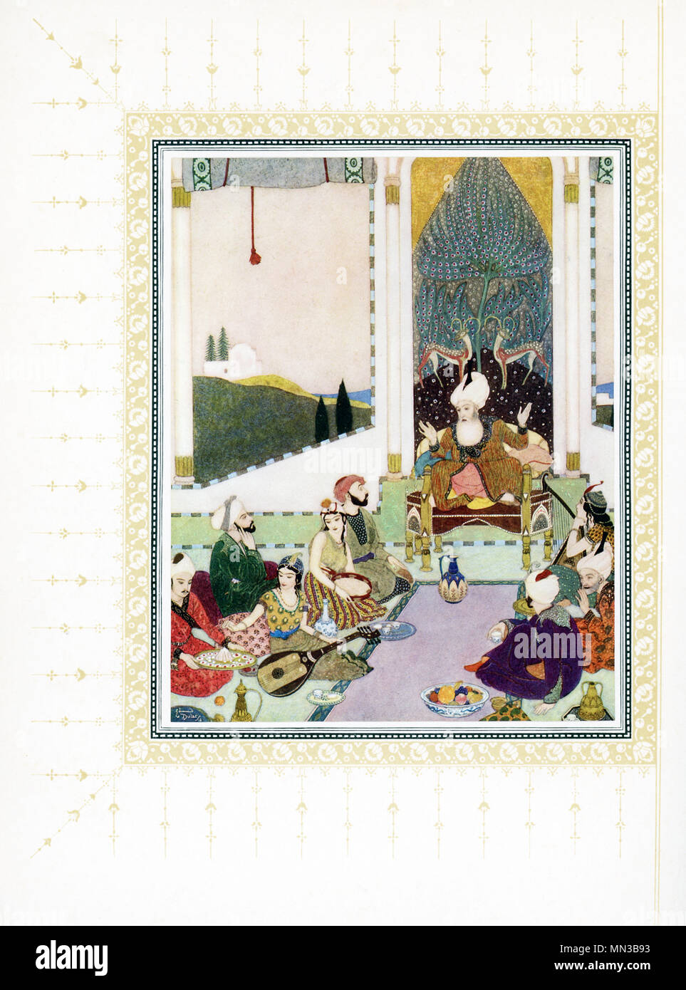 This early 1900s illustration shows Aladdin and the magic lamp. The tale is a folktale and probably originated in the Middle East. His tale is often connected with and/or included in The Thousand and One Nights, or the Arabian Nights. This early 1900s illustration shows Sindbad the sailor telling tales to Sinbad the Landsman. Stock Photo