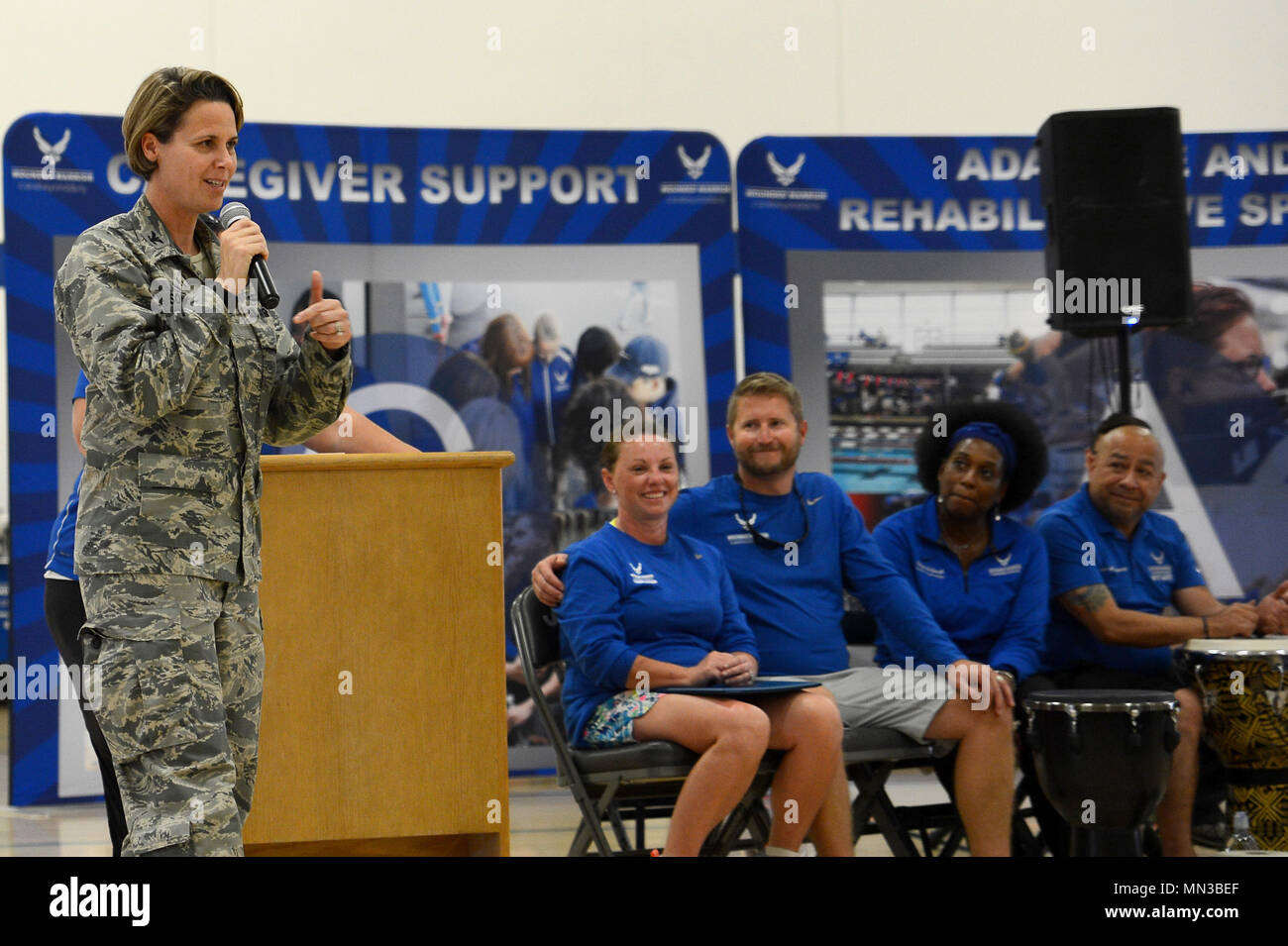 Col. Reba Sonkiss, 62nd Airlift Wing commander, speaks to members of the Air Force Wounded Warrior Program and volunteers during the closing ceremony of the Joint Adaptive Sports Camp Aug. 29, 2017, at Joint Base Lewis-McChord, Wash. During Aug. 28-31, JBLM supported the 2017 JASC management team as they hosted a joint services camp at Cowan and Memorial Stadiums, and at other athletic venues across the installation. This was the third annual event hosted here. (U.S. Air Force photo/Staff Sgt. Divine Cox) Stock Photo