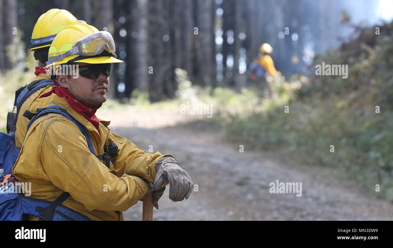 A member of the Oregon National Guard firefighting team assigned to the Horse Prairie Fire, near Camas Valley, Ore., keeps watch for flare-ups and other fire hazards as part of the overall fire suppression efforts. Approximately five hundred Oregon National Guard Airmen and Soldiers, sixty three of them from the 173rd fighter wing, are working together alongside local, state and federal agencies to fight fires across Southern Oregon. (U.S. Air National Guard photo by Tech. Sgt. Jason van Mourik, 173d Fighter Wing Public Affairs) Stock Photo