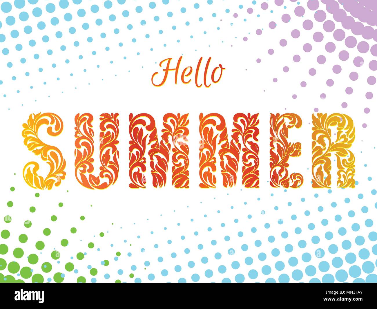 Hello SUMMER. Decorative Font made in swirls and floral elements. Stock Vector