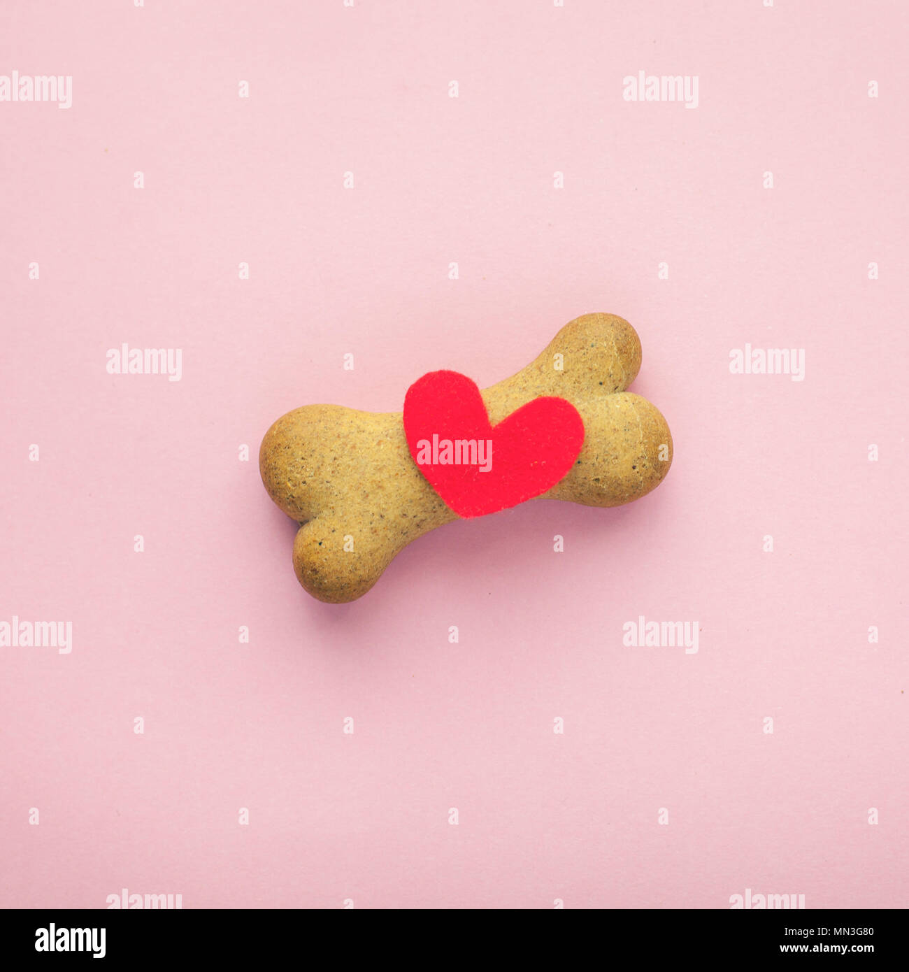 boneshaped biscuit for dog and red heart on pink background, concept