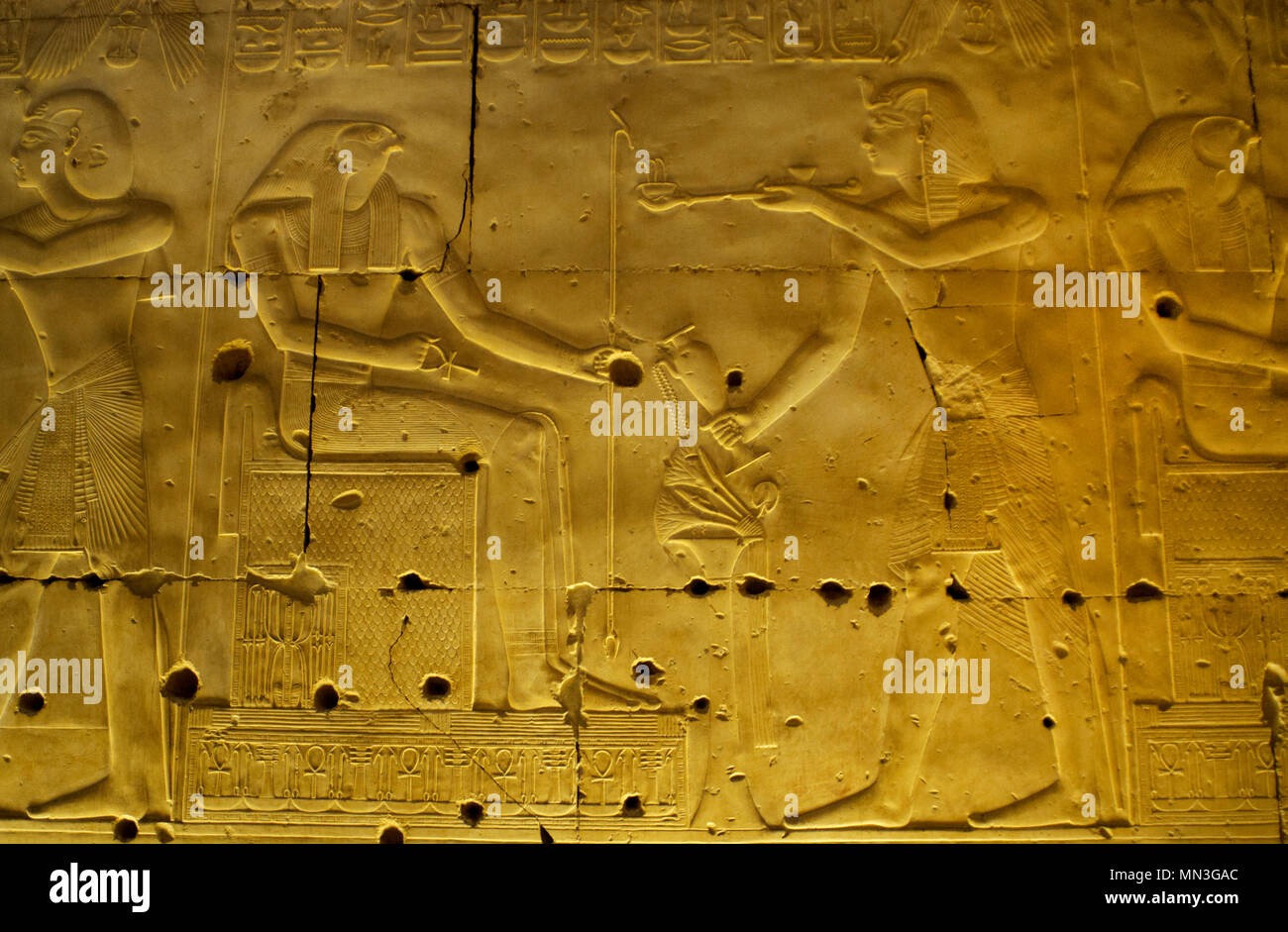 Egypt. Abydos. Temple of Seti I. New Kingdom. 19th Dynasty. The Pharaoh Seti I making offerings of incense to the god Horus. 1292-1189 BC. Stock Photo