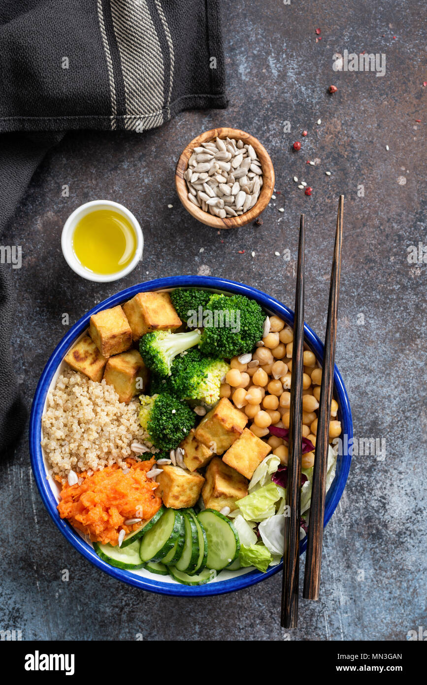 Buddha Bowl with quinoa, tofu, broccoli, sweet potato and cucumber