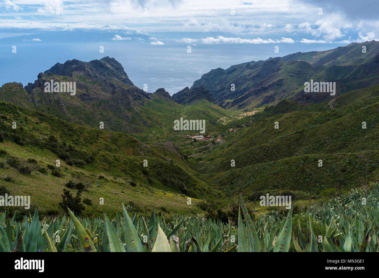 Hilly Landscape with Ocean in Background Stock Photo