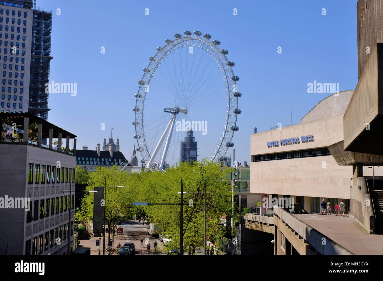 Royal Festival Hall and London Eye at South Bank, London, UK Stock ...