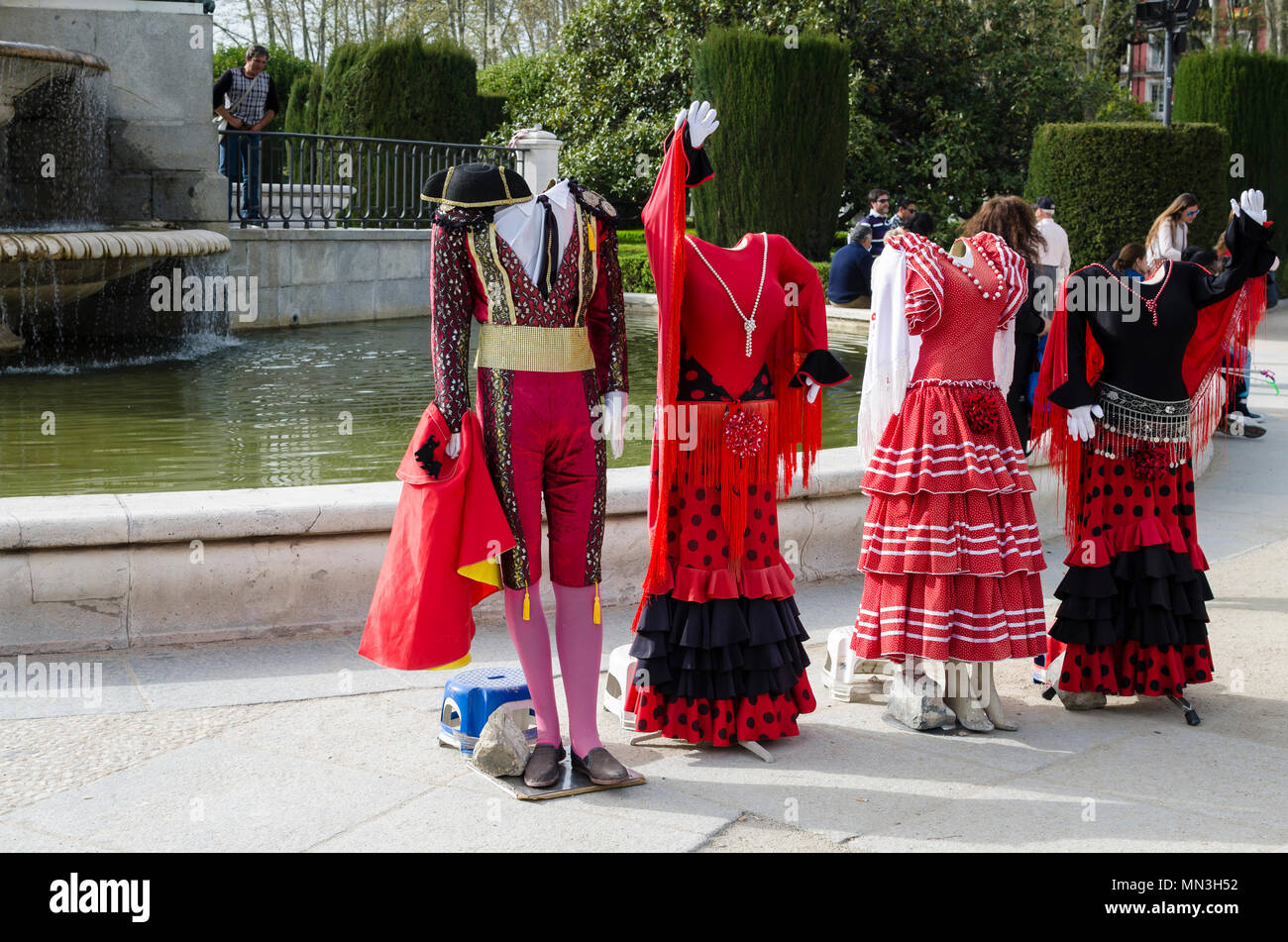 A folklore dress closed to Orient Palace, Madrid city, Spain. Stock Photo