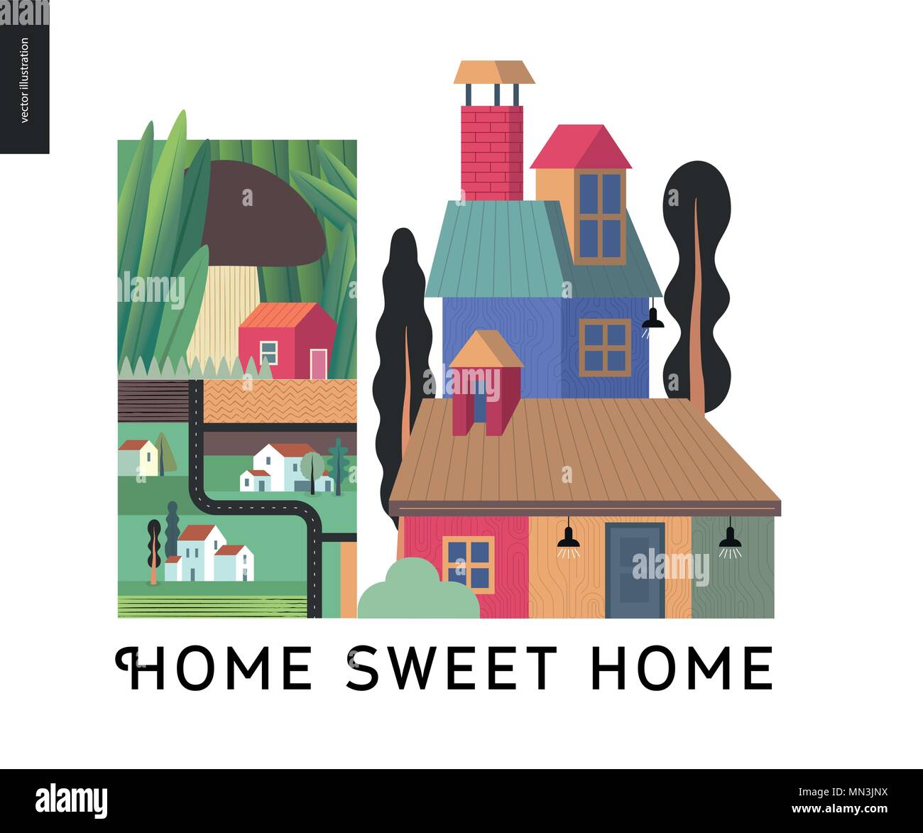 Simple things - color - flat cartoon vector illustration of houses, Home Sweet Home lettering, mushroom, town, city, village, tiny house, road, map an Stock Vector